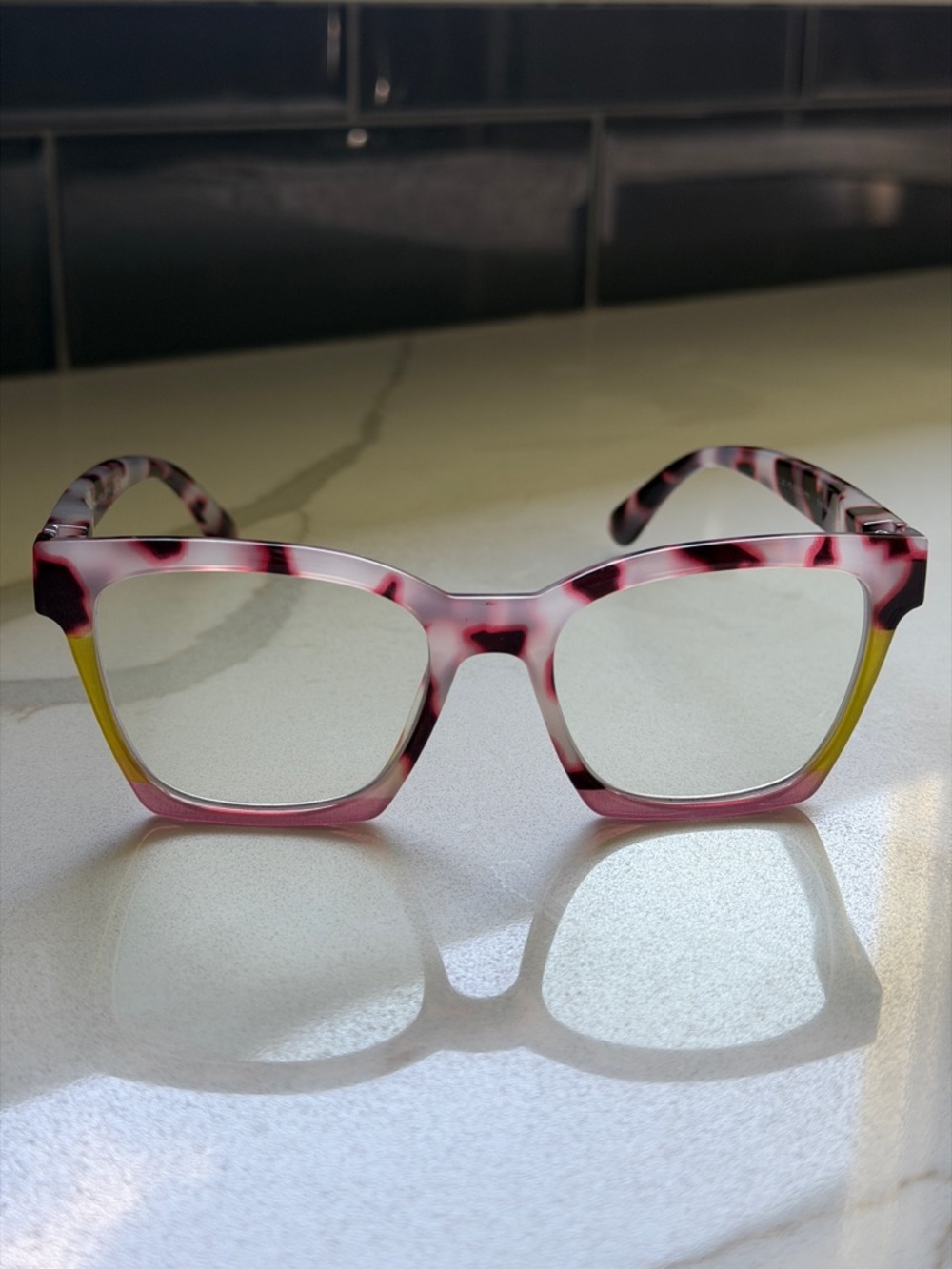 Women’s purple/ yellow green Tortoiseshell Square Reading Glasses 1.5